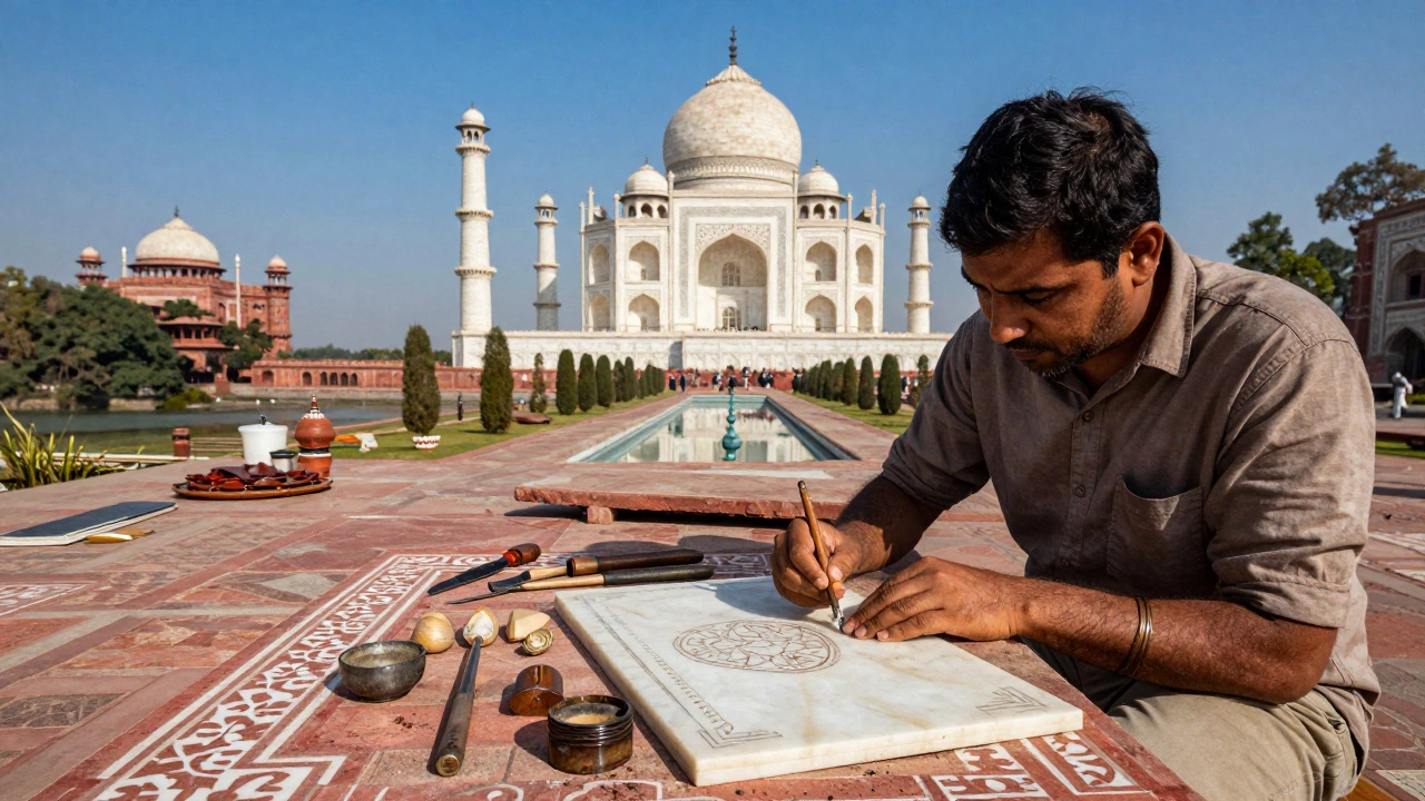 Artisans crafting marble inlay in Agra with Taj Mahal backdrop