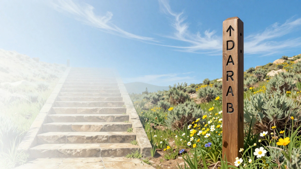 Contrast between mythical stairs and real hiking trail markers