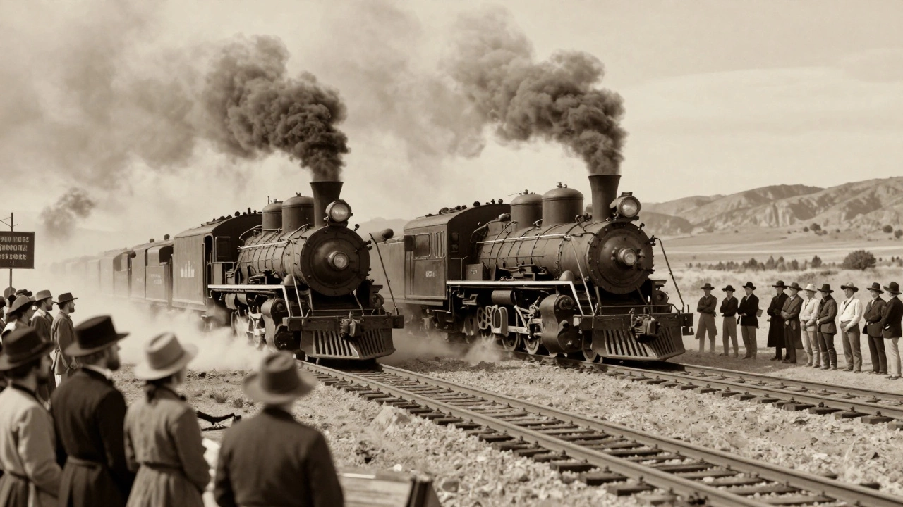 Historical scene of steam trains meeting at Promontory Summit 1869