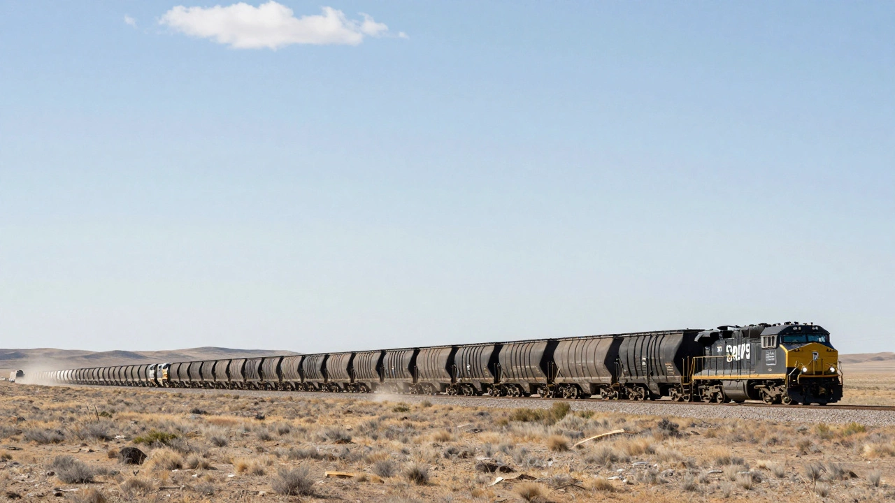 Massive mile-long freight train stretching across flat Wyoming landscape