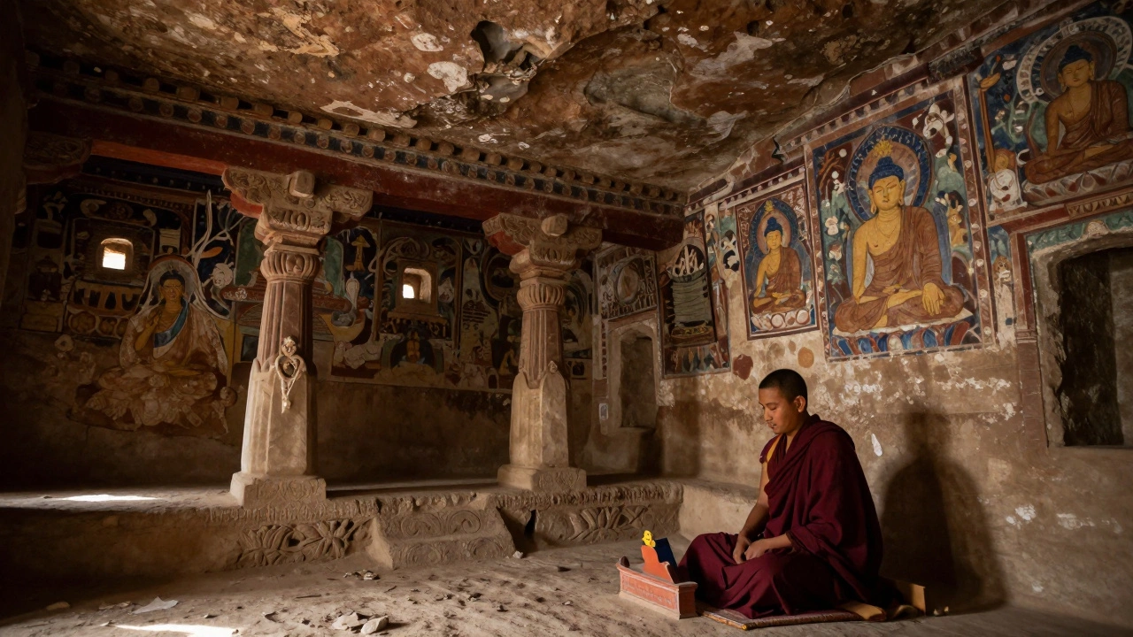 Meditating monk inside a dimly lit Buddhist cave temple with ancient murals