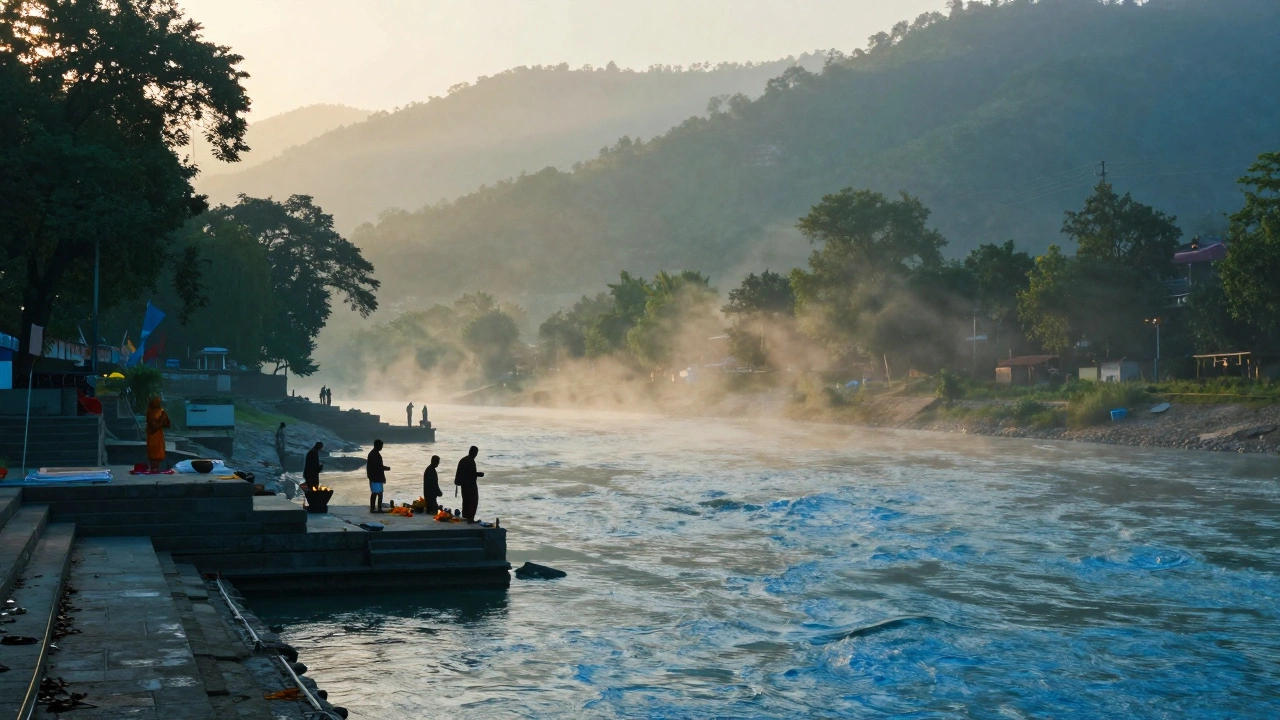 Misty Ganges river in Rishikesh at sunrise