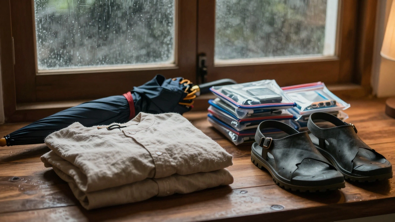 Monsoon travel essentials like umbrella and quick-dry clothes on table