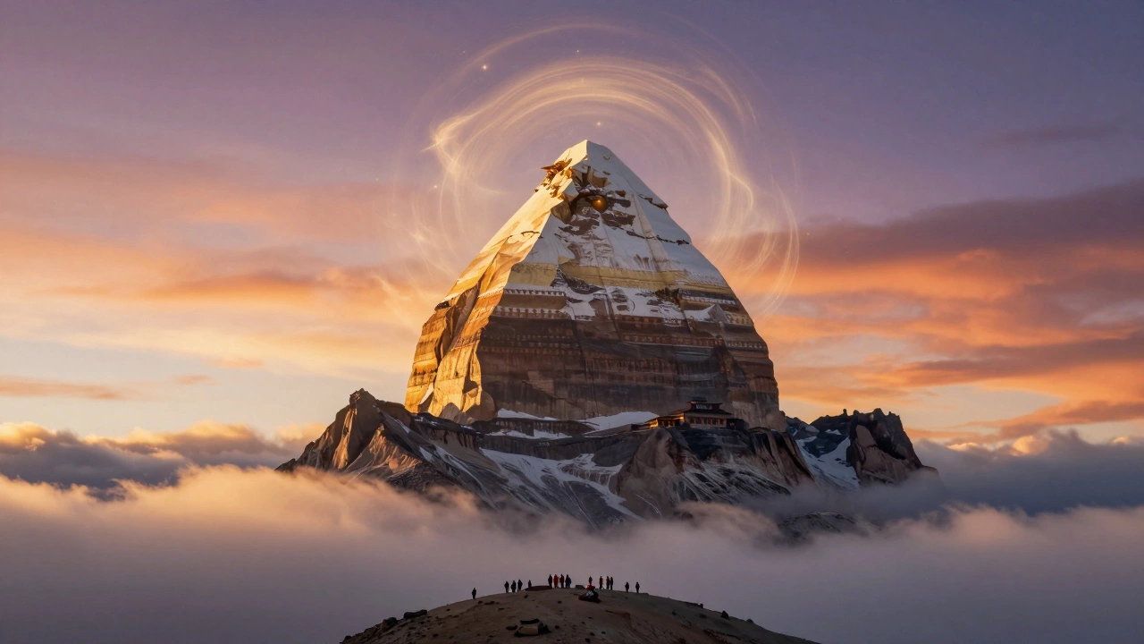 Mount Kailash peak glowing in sunrise with pilgrims below