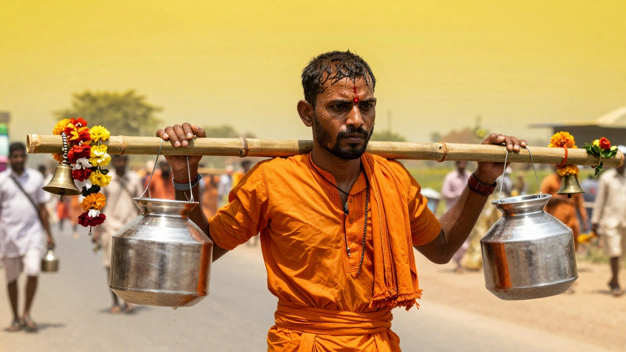 Pilgrim carrying heavy bamboo Kanwar pole under intense summer sun