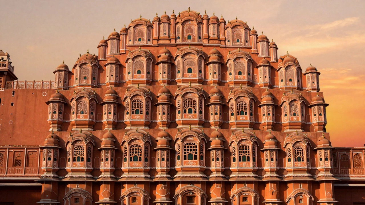 Pink sandstone Hawa Mahal palace in Jaipur