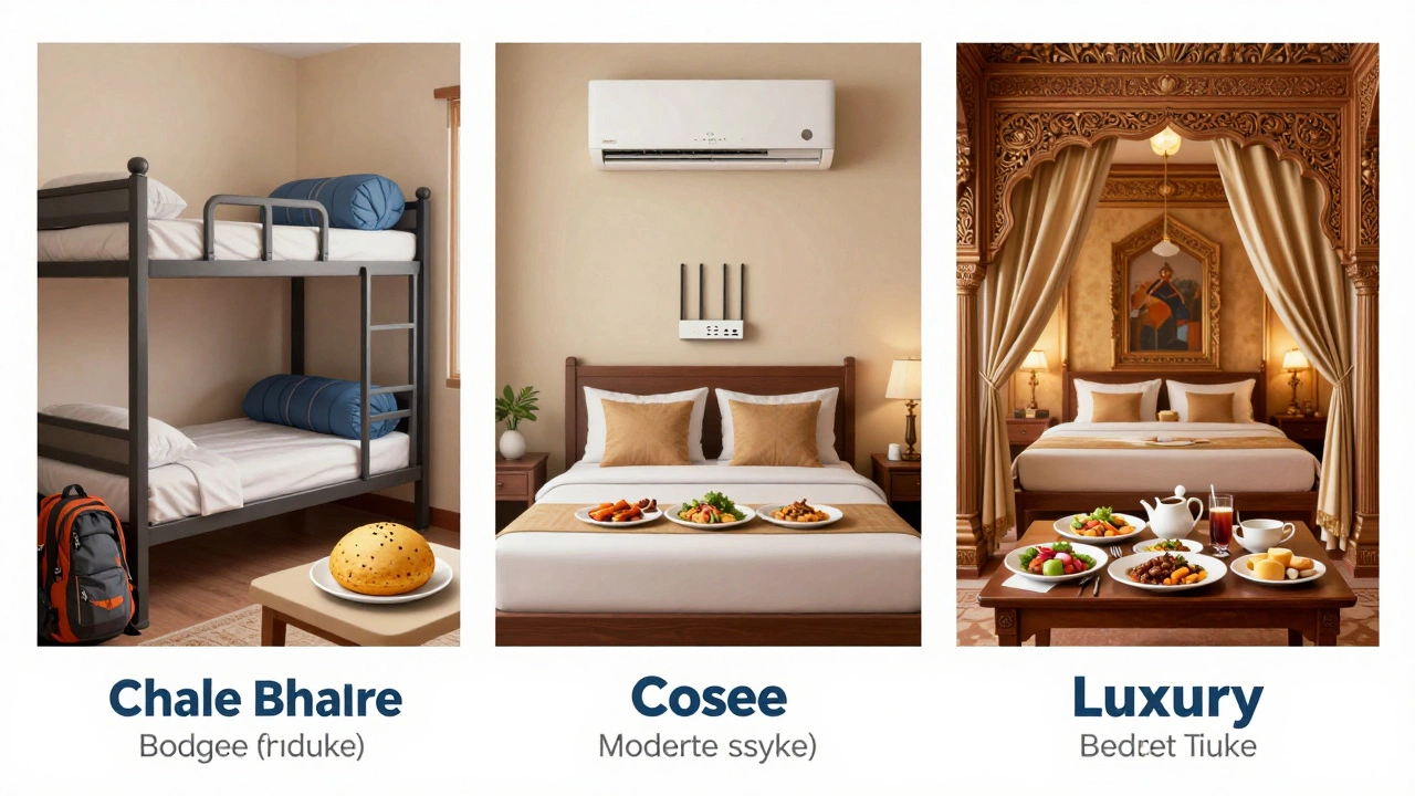 Split view comparing backpacker, moderate, and luxury accommodation styles in India