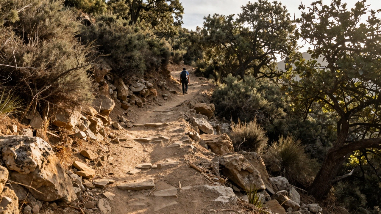 Steep dirt switchback trail in Malibu Creek State Park