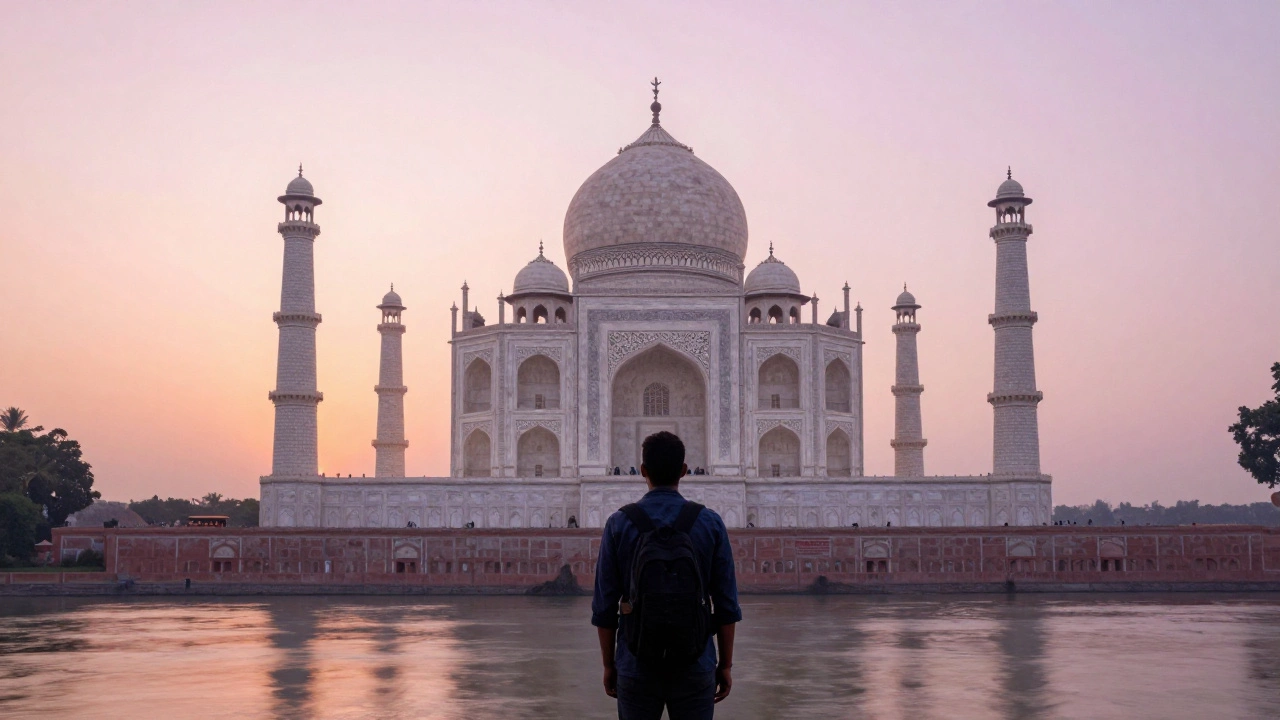 Traveler viewing the Taj Mahal at sunrise across the river