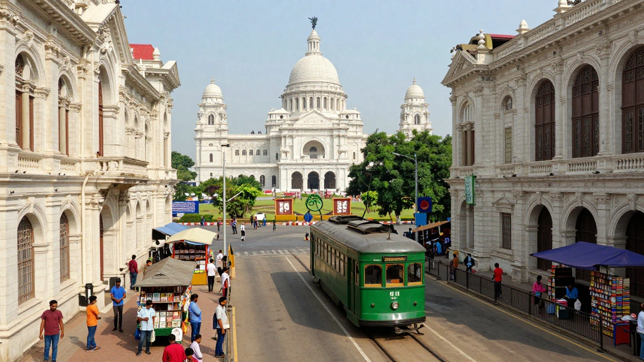 Vintage tram passing Art Deco buildings in historic Kolkata