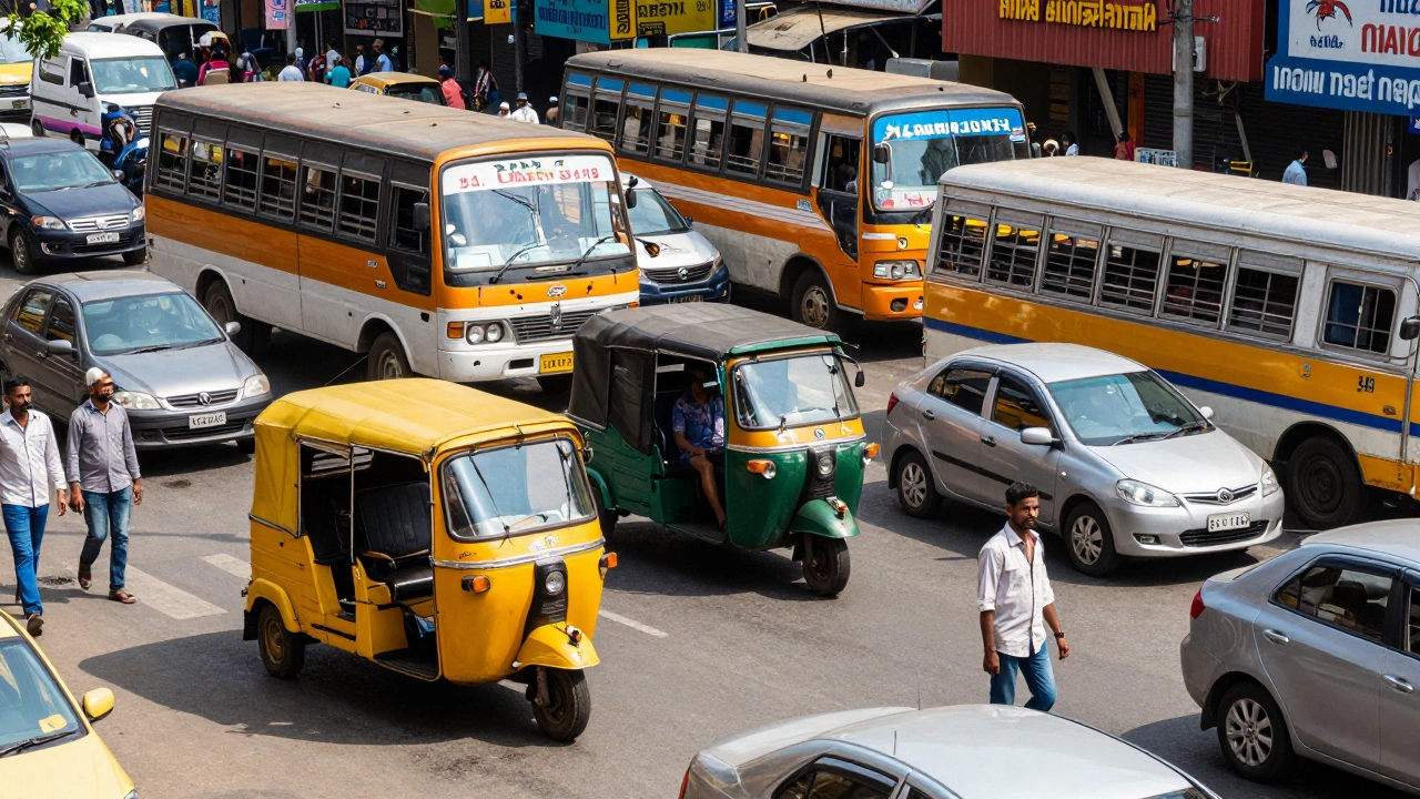 Busy Indian city street with auto-rickshaws and buses