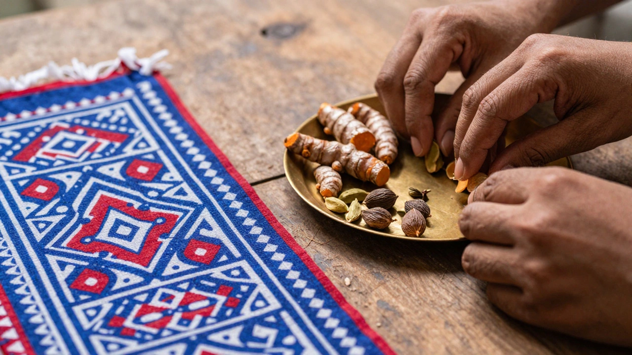 Close-up of hands arranging traditional Indian textiles and spices