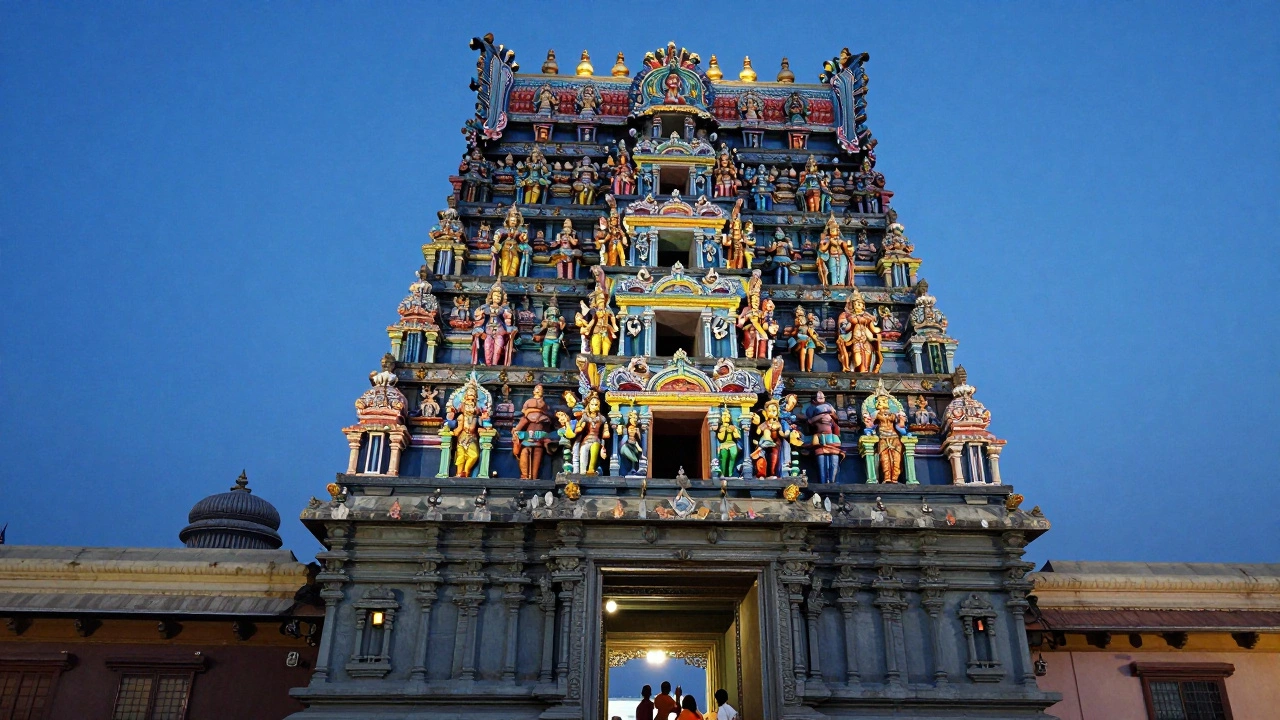 Colorful Meenakshi Temple gopuram illuminated at twilight with devotees