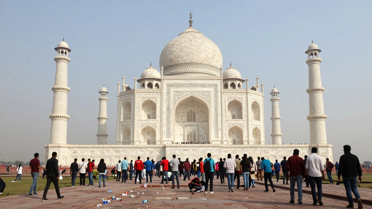 Crowded Taj Mahal with visible erosion and litter from overtourism