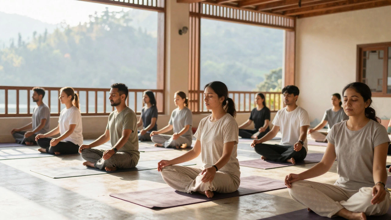 People meditating in a sunlit yoga studio in Rishikesh