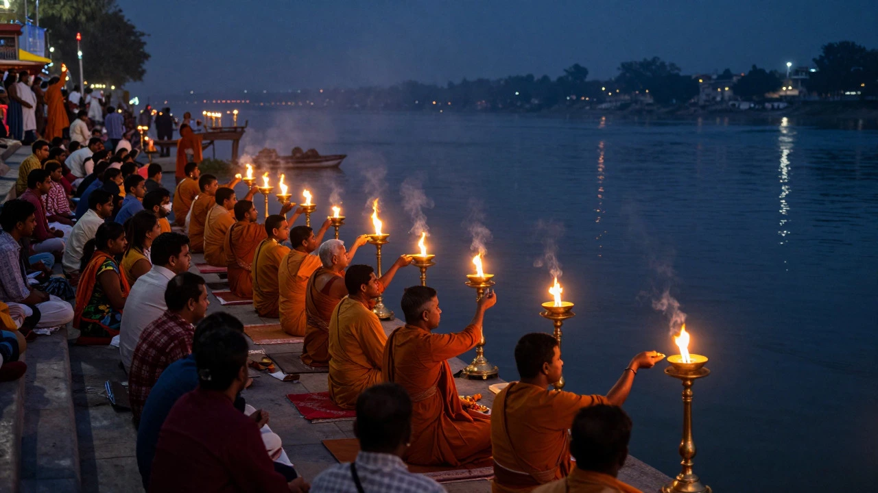 Priests performing Ganga Aarti ceremony with flaming lamps