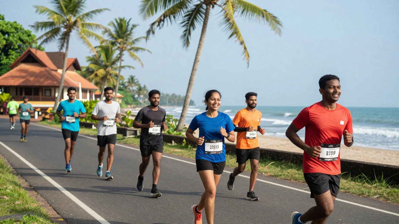 Runners competing in the Kerala International Half Marathon along a coastal road.