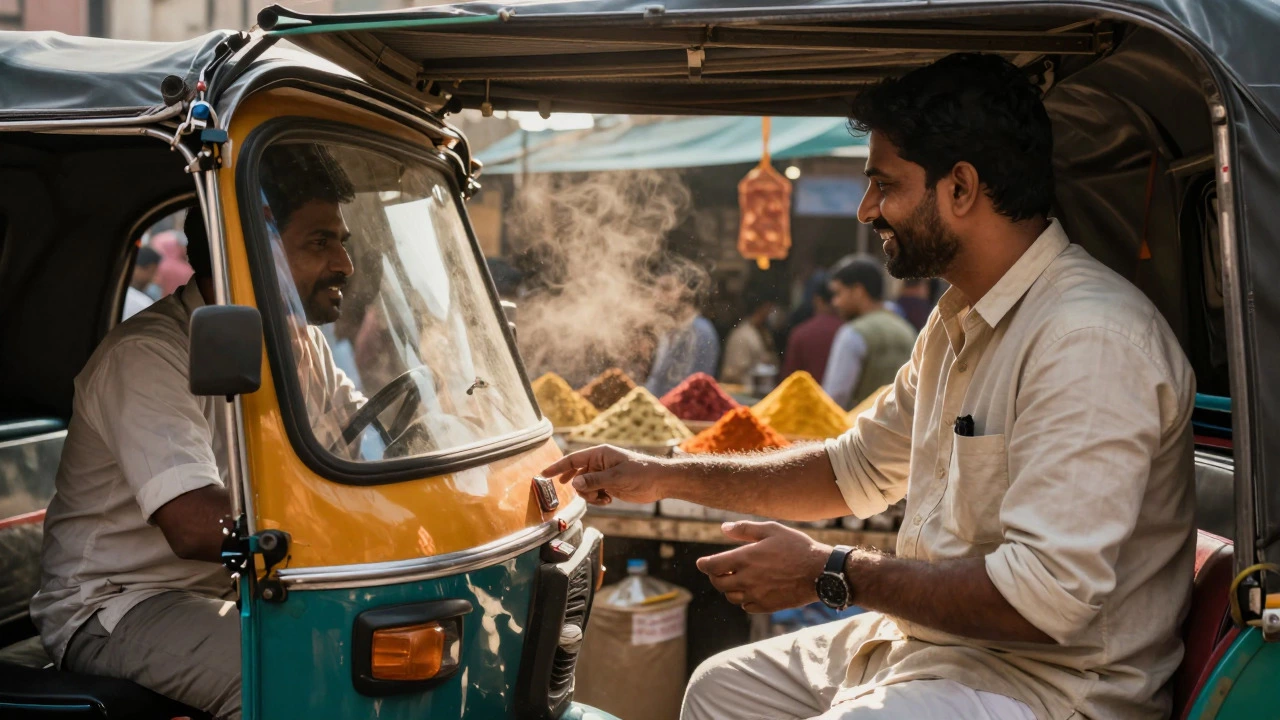 Tourist negotiating fare with auto-rickshaw driver in market