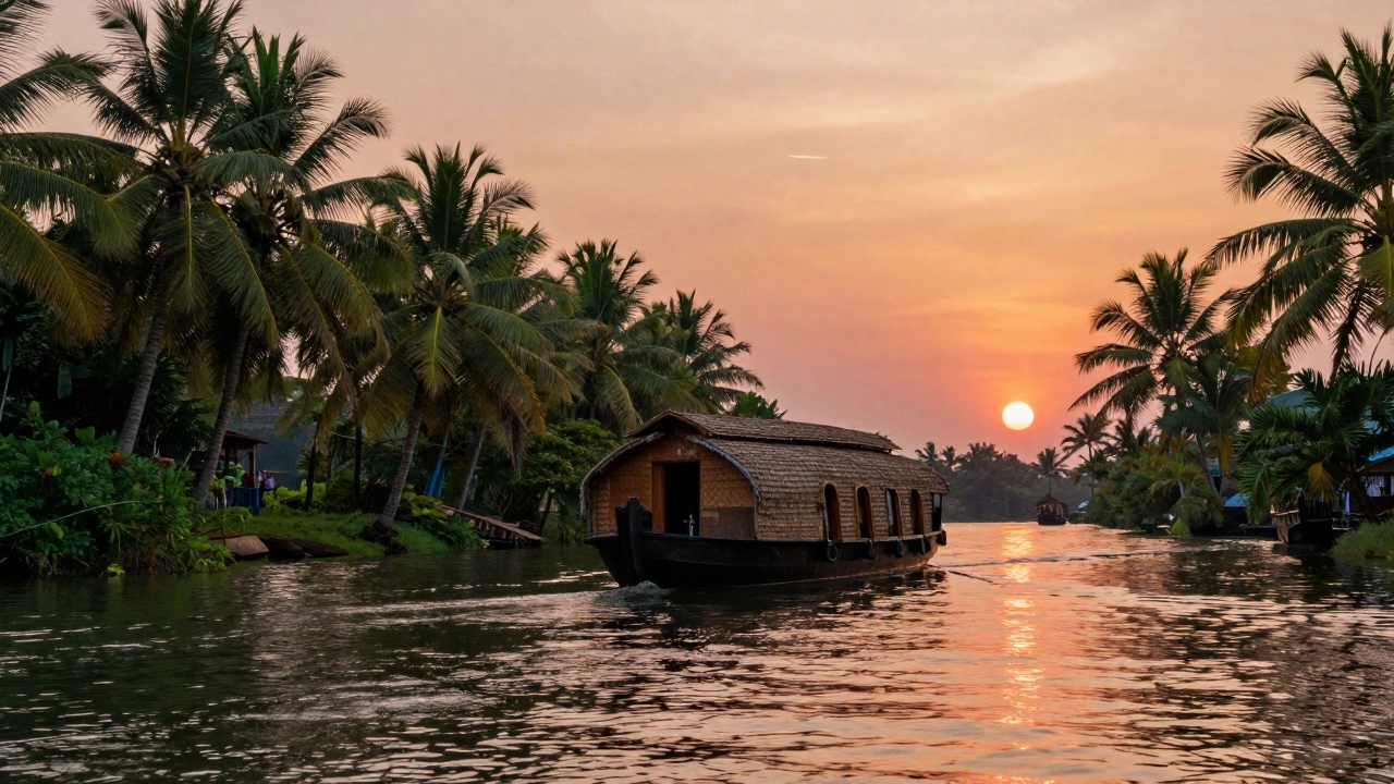 Traditional houseboat cruising through Kerala backwaters at sunset