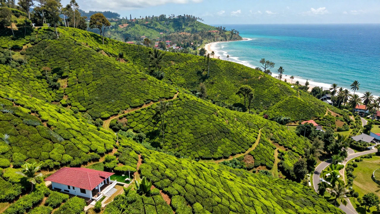 Aerial view of Sri Lankan tea plantations meeting a turquoise coast