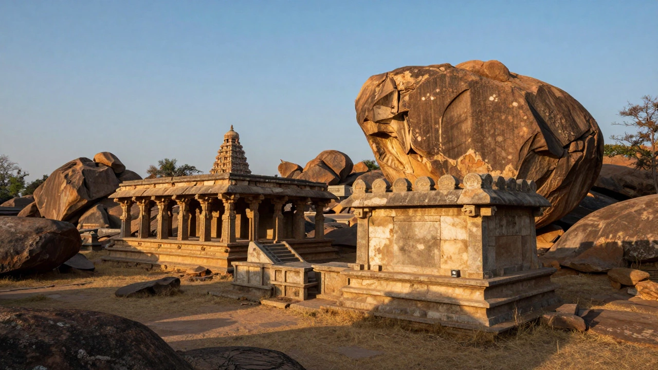 Ancient stone ruins and boulders in Hampi at sunrise