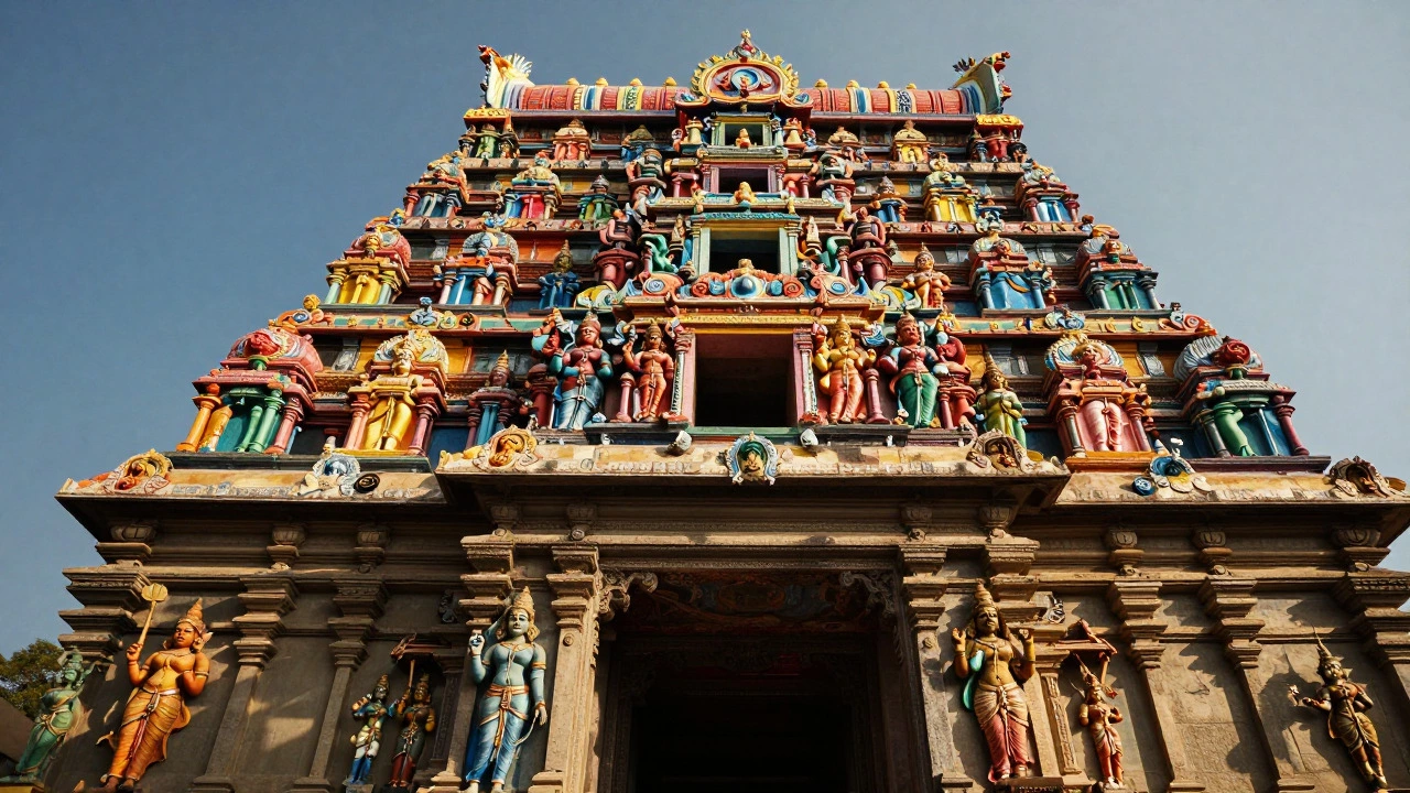 Colorful carved gateway tower of Meenakshi Amman Temple