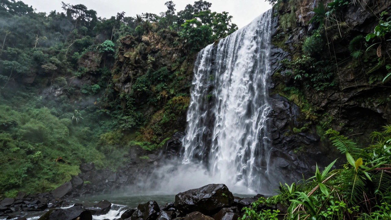 Dudhsagar Falls cascading down rocky cliffs surrounded by dense green forest