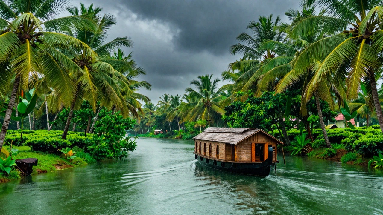 Houseboat on lush green Kerala backwaters during monsoon