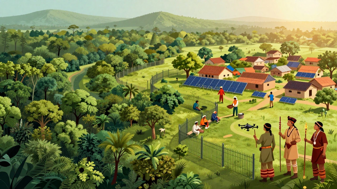 Illustration of rural village coexisting with connected forest corridors