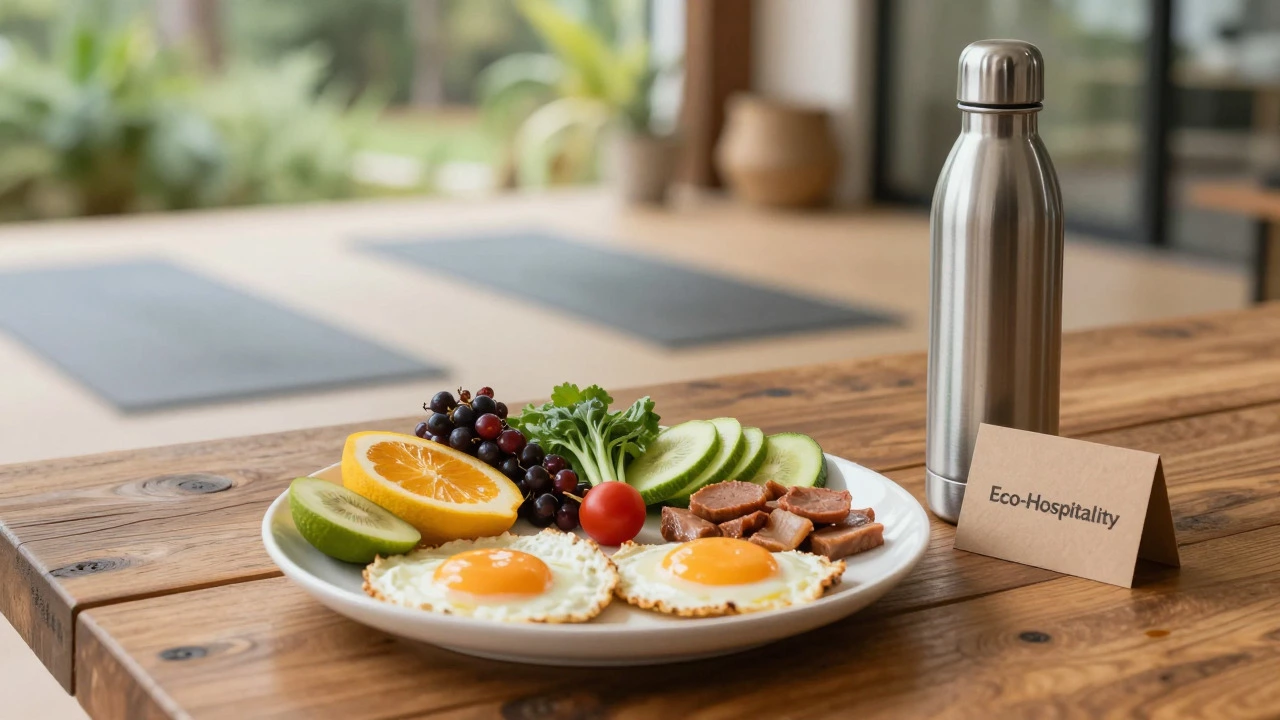 Organic farm-to-table breakfast served with reusable bottle in a bright, eco-conscious hotel setting.