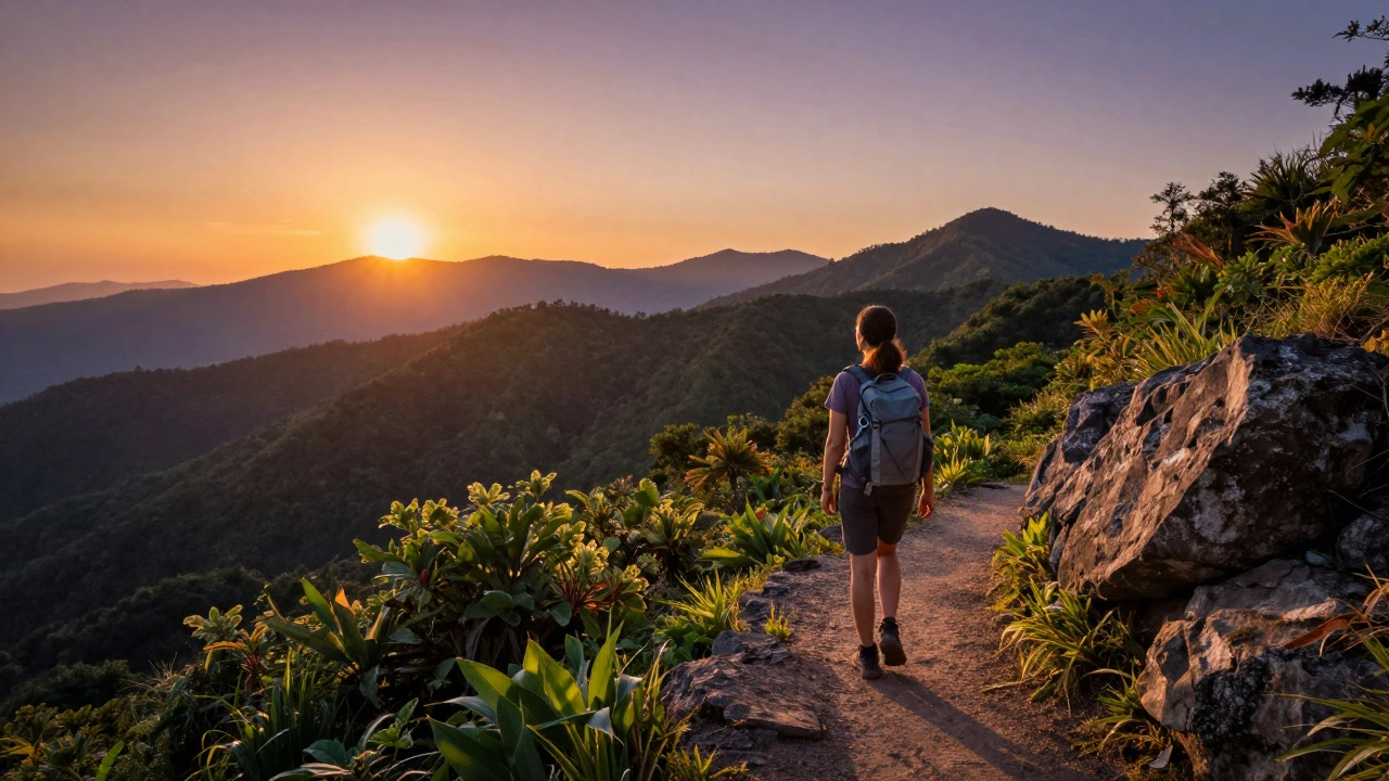 Solo hiker viewing sunset from a scenic national park trail