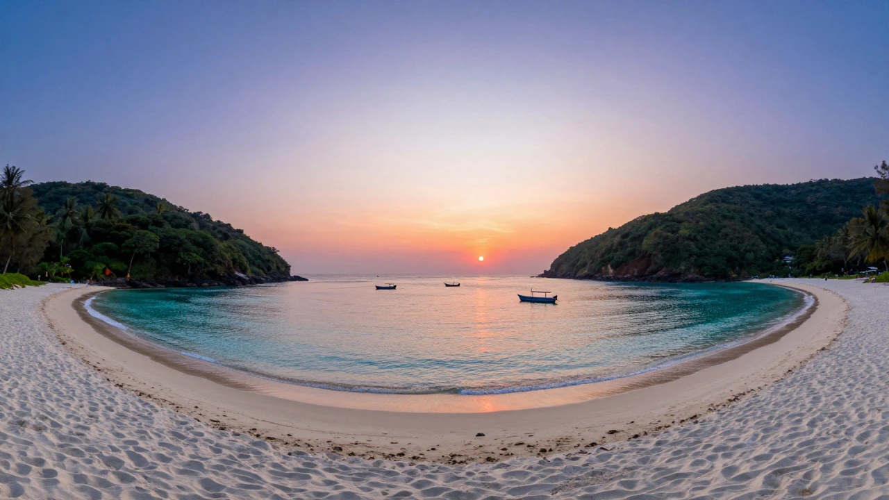 Sunset over the crescent-shaped Palolem Beach in South Goa with calm turquoise waters