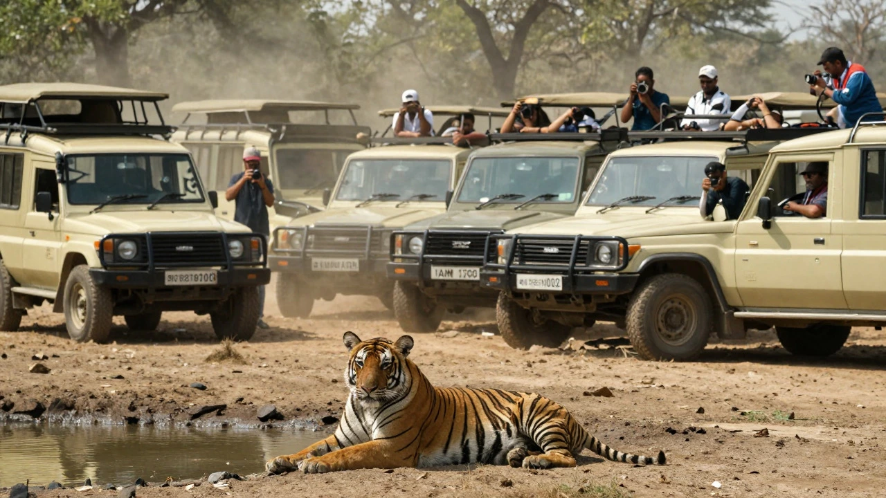 Tiger surrounded by crowded safari jeeps in a busy wildlife sanctuary