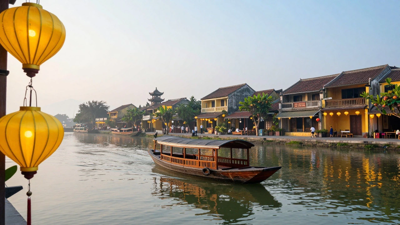 Traditional boat on a river in Hoi An, Vietnam with yellow lanterns