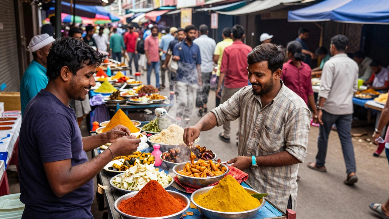 Traveler enjoying authentic street food at a busy local market