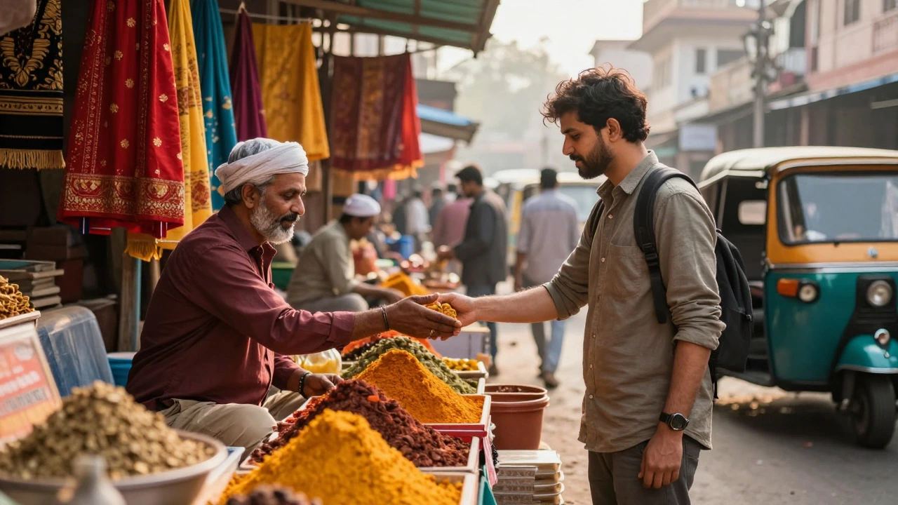 Traveler shopping at vibrant Indian market stall