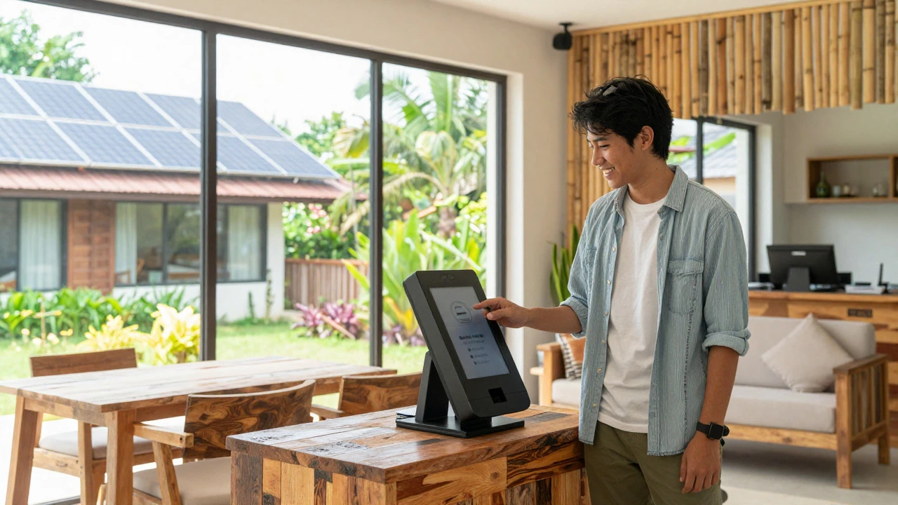 Young traveler using digital check-in at a sustainable hotel with solar panels and greenery visible outside.