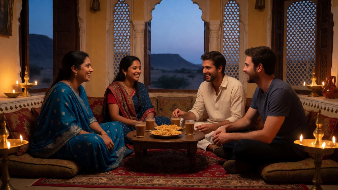 A local family and tourists sharing tea and conversation in a traditional Rajasthani home.