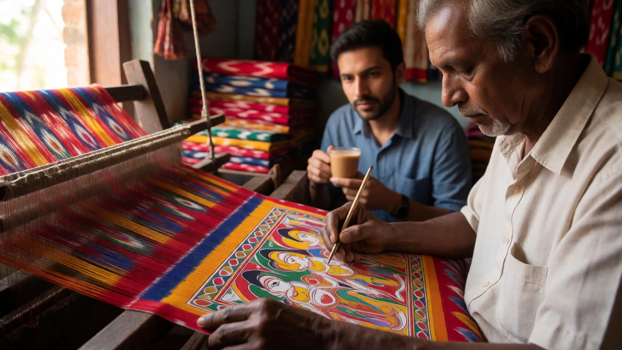 An artisan crafting textiles while a traveler observes in a rustic Indian workshop.