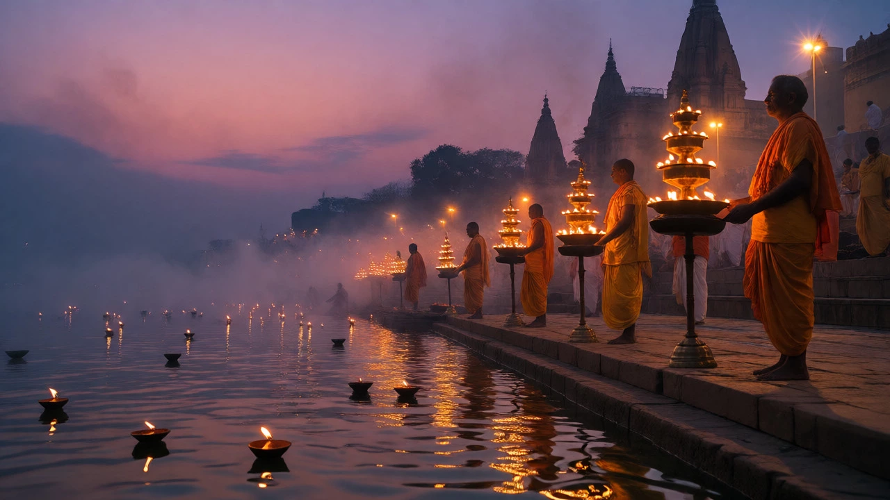 Ganga Aarti ceremony with priests and floating lamps