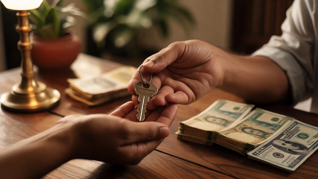 Hands exchanging keys with USD and INR cash on table
