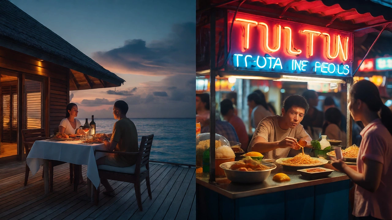 Luxury Maldivian dinner compared to Thai street food
