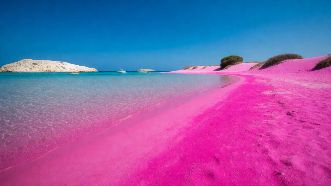 Magenta pink sand and turquoise water at Elafonisi Beach, Crete