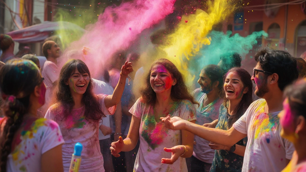 People celebrating Holi with colorful powders