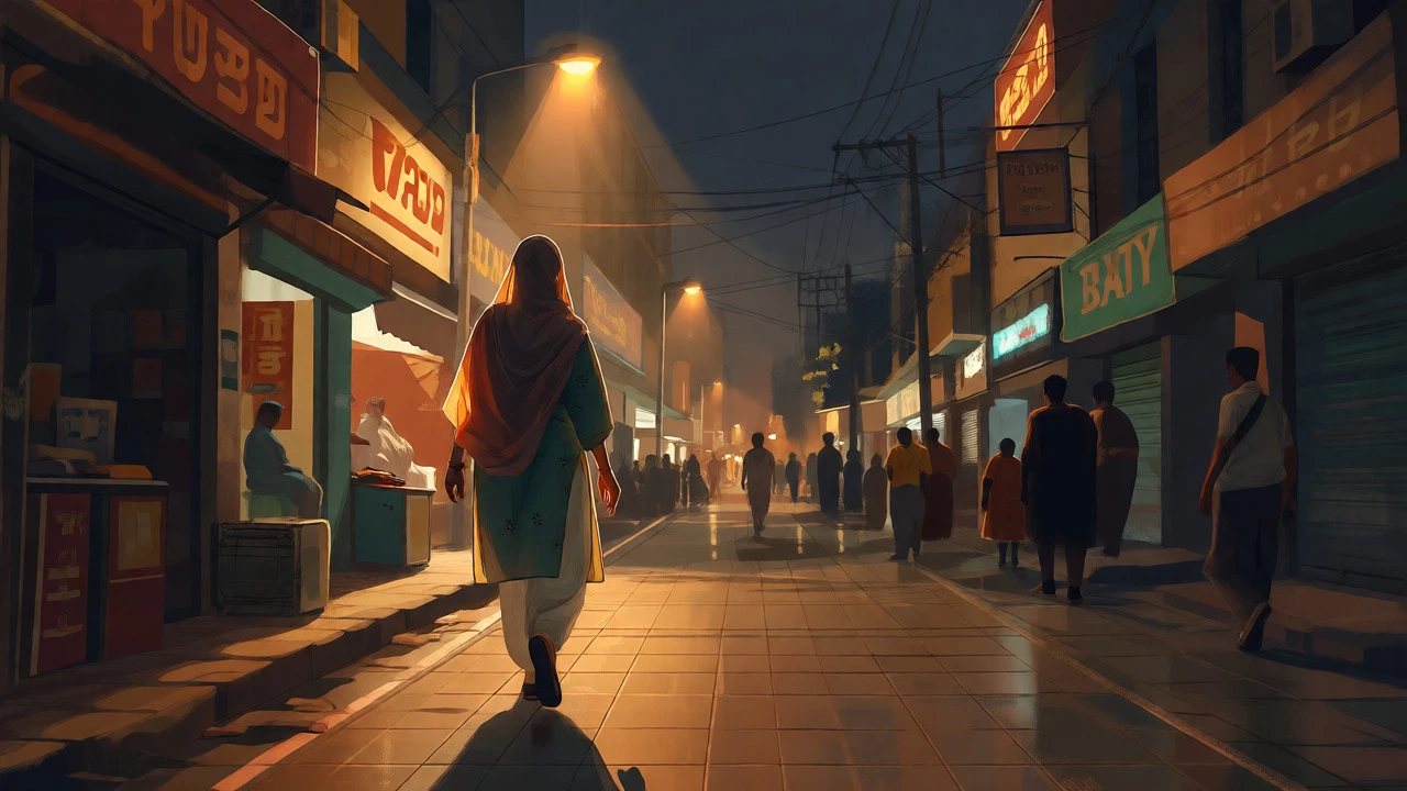 Solo female traveler walking safely on a well-lit Punjabi street at night.