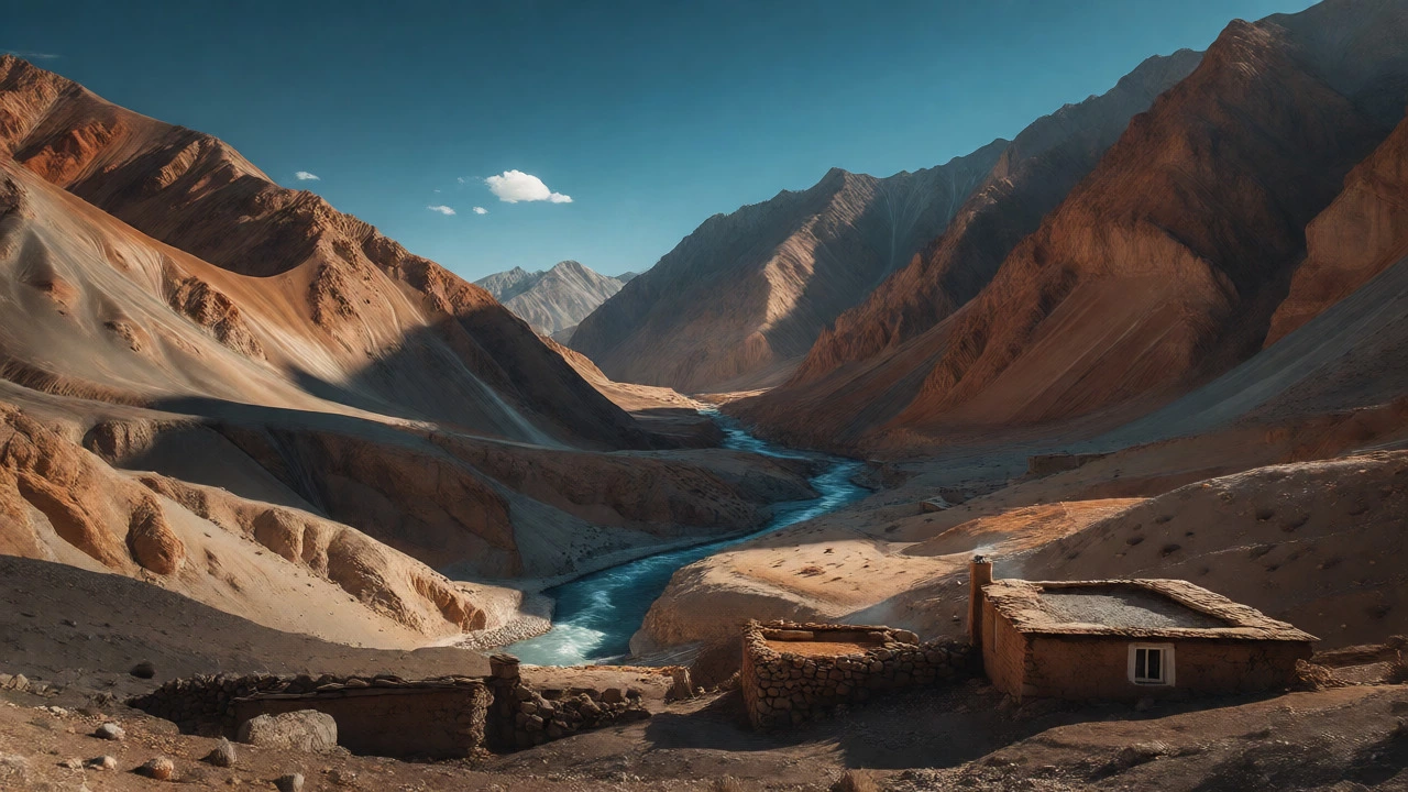 Stark, barren mountain landscape of the Markha Valley trek in Ladakh with a turquoise river.