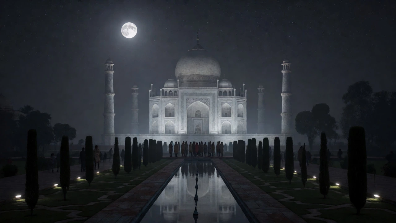 Taj Mahal illuminated by moonlight at night with visitors watching