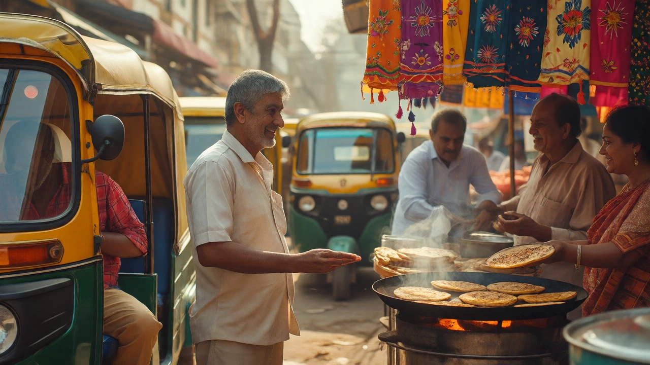Tourist negotiating with a smiling auto-rickshaw driver in a vibrant Punjab market.