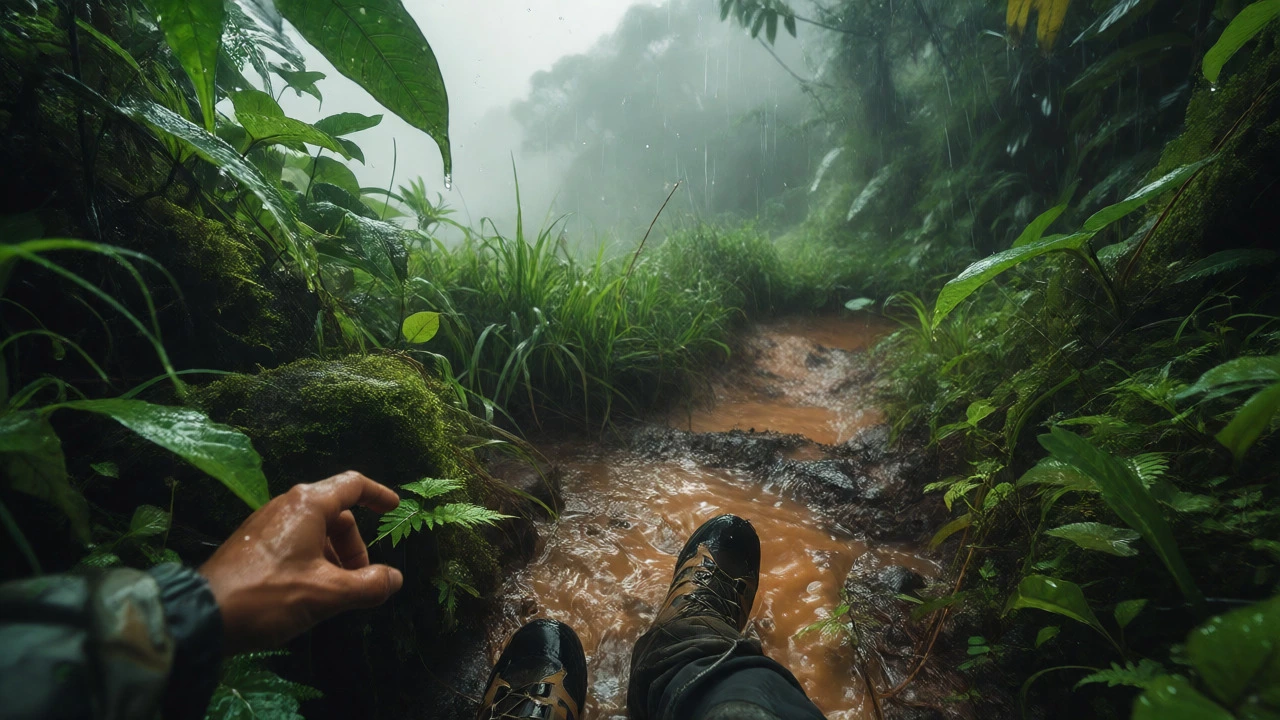 Trekker's boots stepping on a muddy, rain-soaked trail amidst lush green mist in the Western Ghats.