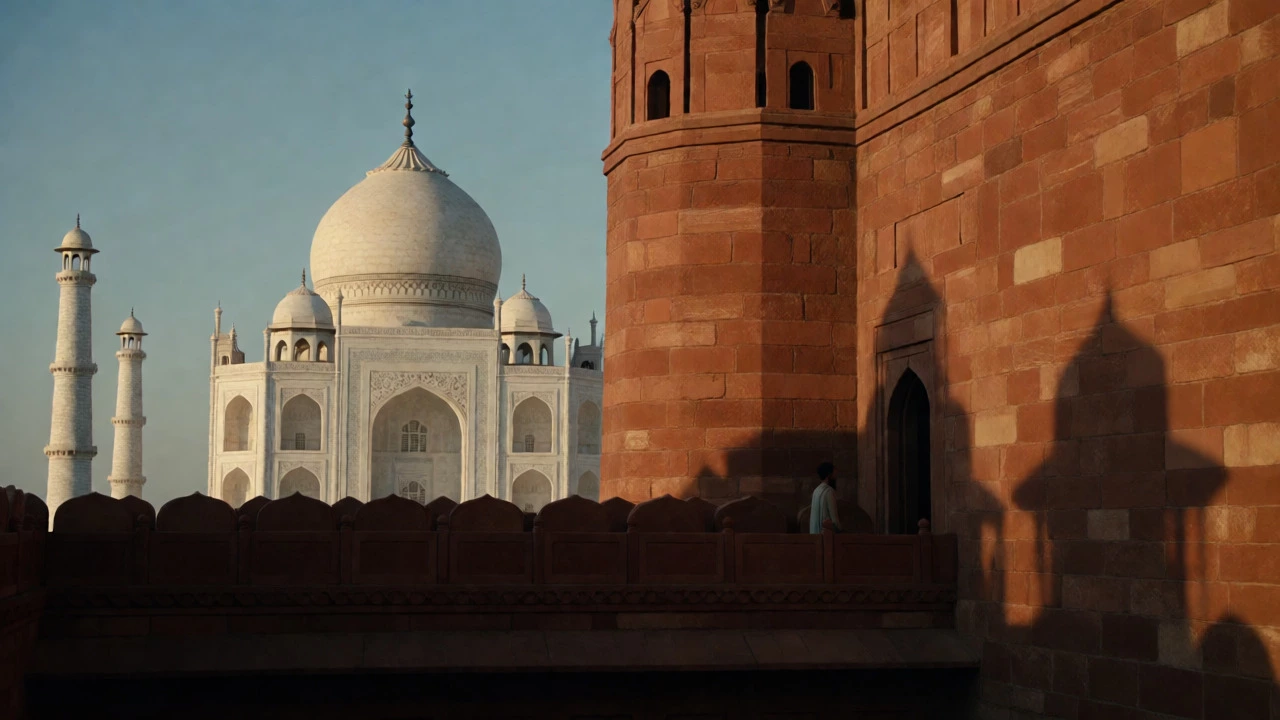 View of Agra Fort's red sandstone walls with the Taj Mahal in the distance